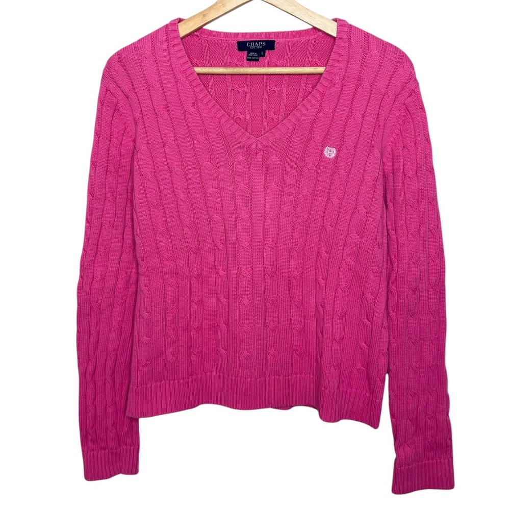 Chaps Ralph Lauren Preppy Tennis Cable Knit Vneck Sweater Pink Ivy League